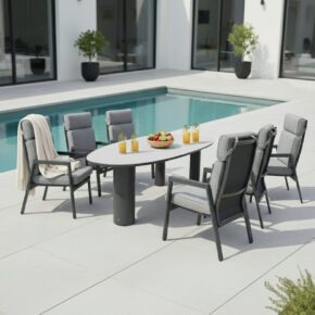 Gartenmöbel-Set mit Liadomo "Celano" Diningsessel und CASA DOMA "Lioni" Gartentisch 260x115 cm, Gestelle Aluminium anthrazit, Polster grau, Armlehnen Aluminium (Bild KI-generiert)