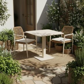 Gartenmöbel-Set mit CASA DOMA "Lavello" Stapelsessel und Liadomo "Torano" Klapptisch 80x80 cm, Gestelle Aluminium cream, Geflecht naturfarben (Bild KI-generiert)