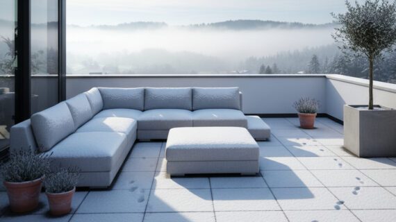 Eine Loungegruppe auf der verschneiten Dachterrasse (Bild Ki-generiert)