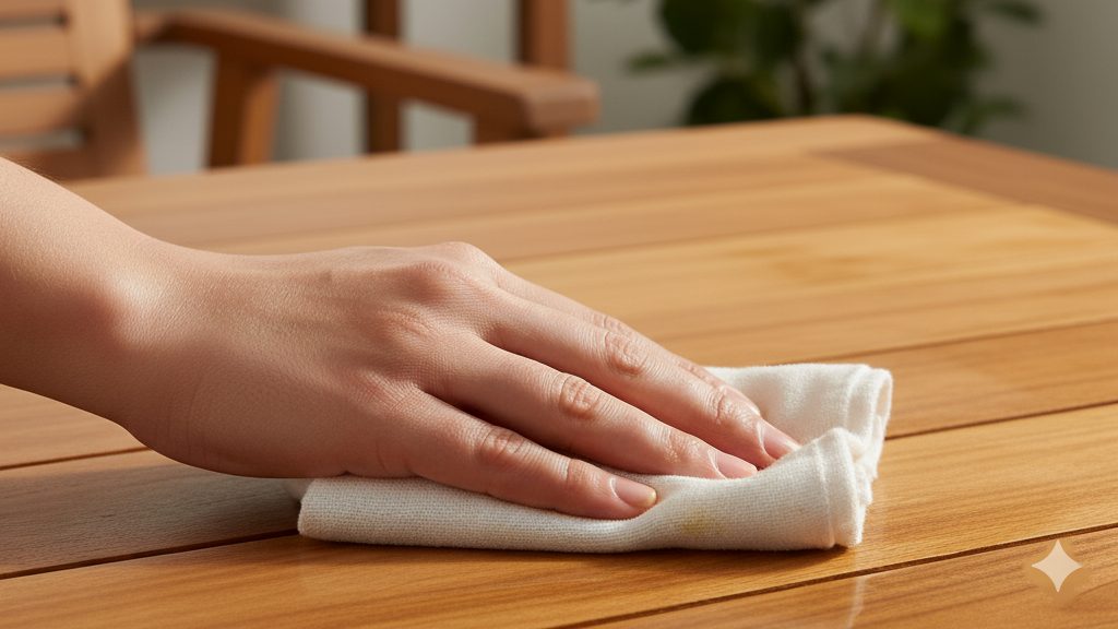 Frauenhand, die mit einem Tuch eine Teakholztischplatte ölt (KI-generiert)