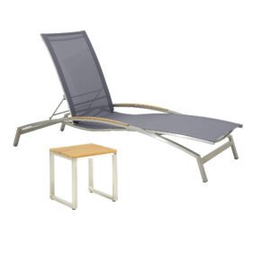 CASA DOMA Set mit "Mineo" Sonnenliege & "Macari" Beistelltisch, Gestelle Edelstahl gebürstet, Sunproof® Sling schwarz/silber, Armlehnen und Tischplatte Teak