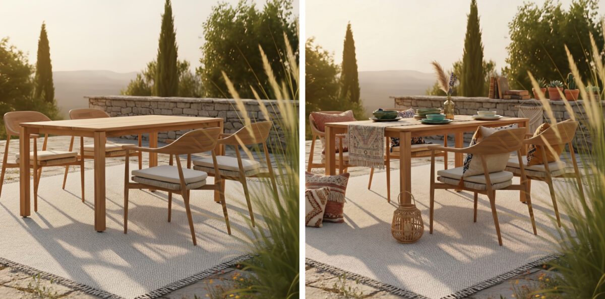 Tischgruppe aus Teakholz auf einer Terrasse, eine Steinmauer und Bäume im Hintergrund