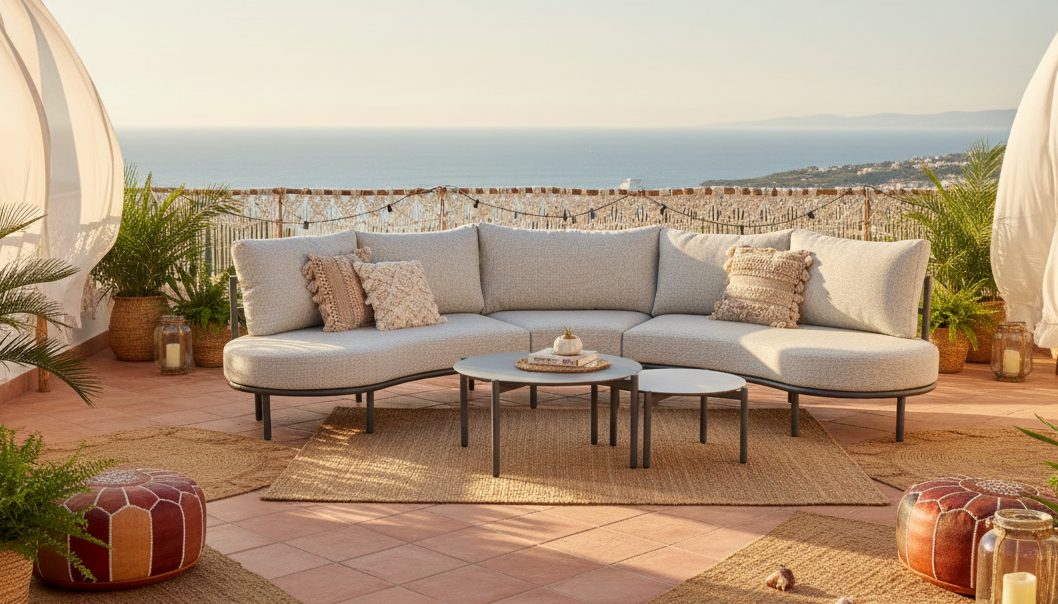 Organisch geformtes Loungesofa auf einer sonnigen Terrasse im Boho-Stil, im Hintergrund das Meer