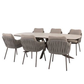 4Seasons Outdoor "Cannes" Diningsessel, Gestell Aluminium terre, Rope-Bespannung grau, Kissen Olefin hellgrau mit "Prado" Gartentisch 240x105 cm, Tischplatte Keramik