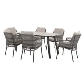 4Seasons Outdoor "Alicante" Diningsessel, Gestell Aluminium anthrazit, Rope-Bespannung grau, Kissen Olefin hellgrau mit "Manolo" Gartentisch 180x95 cm, Tischplatte Keramik sand