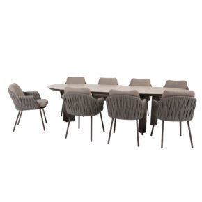 4Seasons Outdoor "Cannes" Diningsessel, Gestell Aluminium terre, Rope-Bespannung grau, Kissen Olefin hellgrau mit "Denia" Gartentisch 290x110 cm, Tischplatte Keramik sand