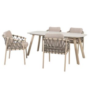 4Seasons Outdoor "Piacenza" Diningsessel, Gestell Aluminium latte, Rope-Bespannung grau, Kissen Olefin hellgrau mit "Manolo" Gartentisch 180x95 cm, Tischplatte Keramik