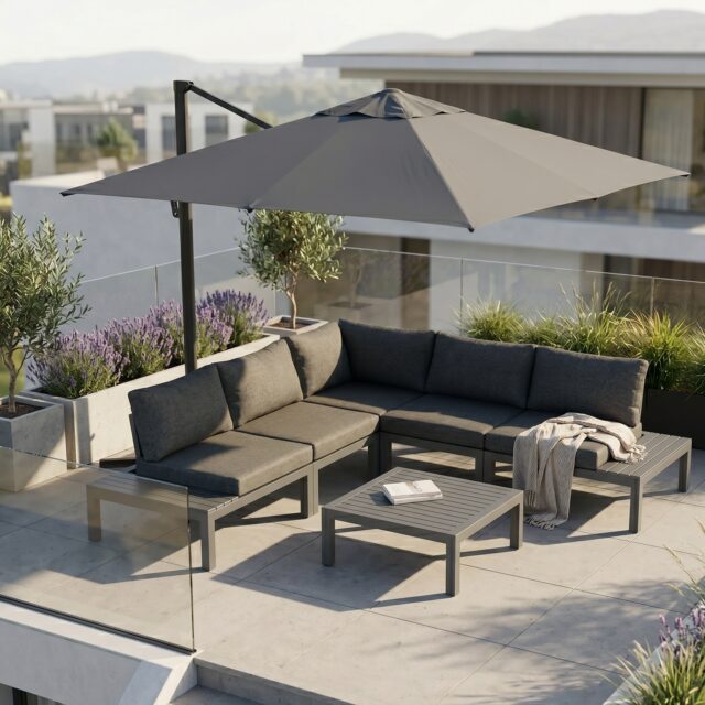 Liadomo Loungeset "San Carlo" Alu anthrazit, Bezüge Olefin grau mit Sonnenschirm "Pineto" 300x300cm, Alu anthrazit, Dessin Dark grey (Bild KI-generiert)
