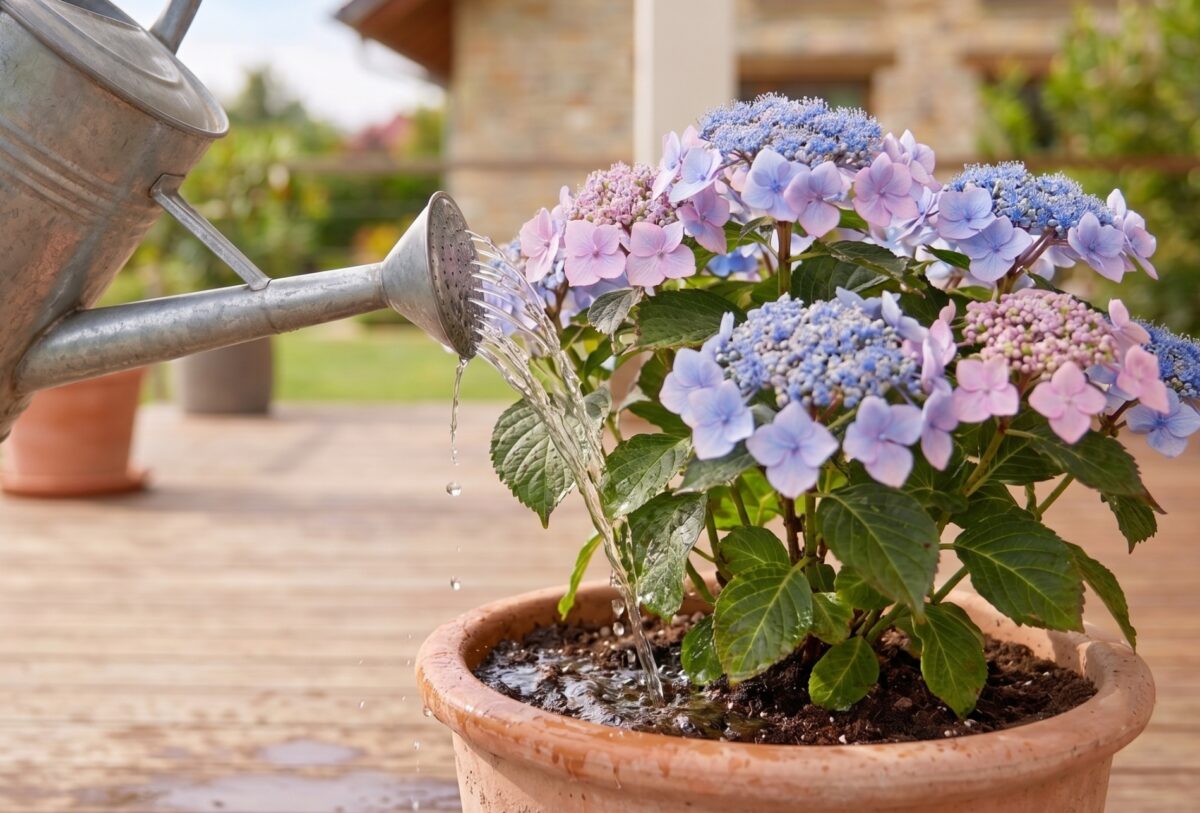 Eine Hortensie im Topf wird mit einer Gießkanne gegossen. (Bild: KI-generiert)