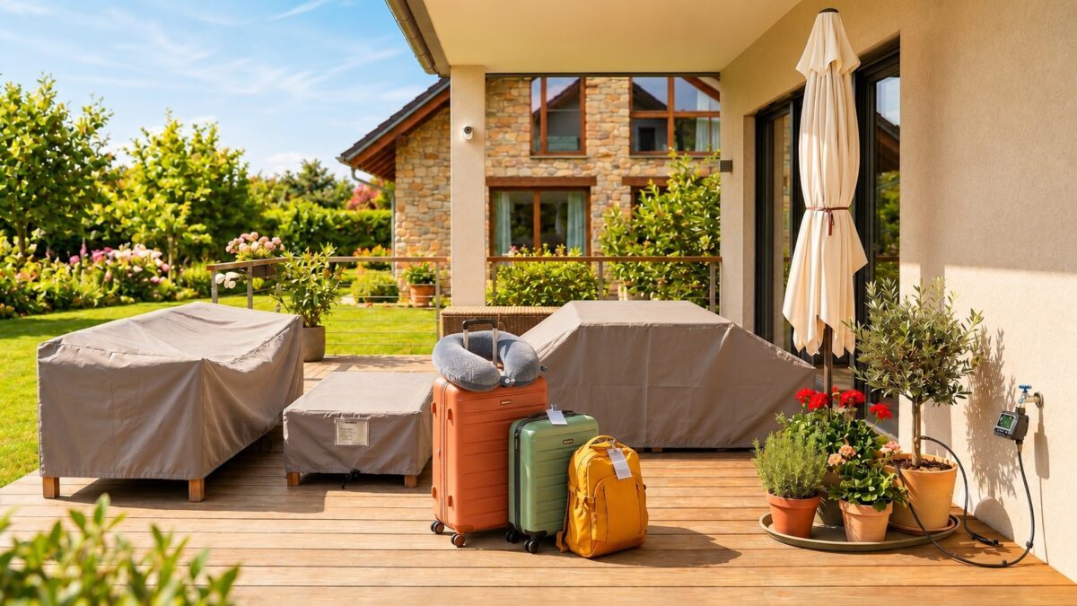 Eine sonnige Terrasse mit abgedeckten Gartenmöbeln und gepackten Koffern davor. (Bild: KI-generiert)
