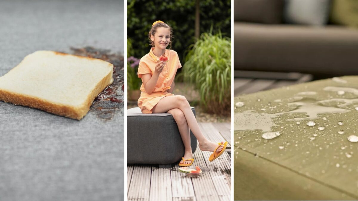 Bilder von Marmeladentoast und Wasser auf dem Sofa. In der Mitte ein Mädchen mit einem Stück Melone in der Hand.