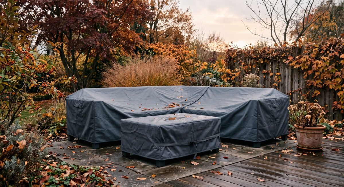 Mit Schutzhülle abgedeckte Loungegruppe auf einer herbstlichen Terrasse