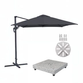Liadomo "Pineto" Ampelschirm 300x300 cm, Aluminium anthrazit, Dessin Dark Grey, mit Doppler "Expert" Granitsockel 140 kg und "Vario" Adapterplatte, Edelstahl